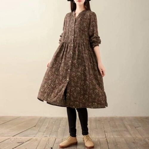 FairyNatural Women Plus Size Cotton Vintage Dresses V-Neck Ladies Floral Print Rustic Village Long Sleeve Dress Spring Autumn