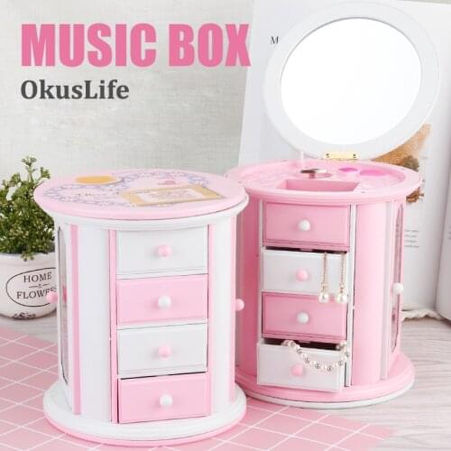 3 layers Girls Music Box Cartoon Drawers Storage Box with Mirror Jewelry Container Necklace Ring Organizer Design Doors