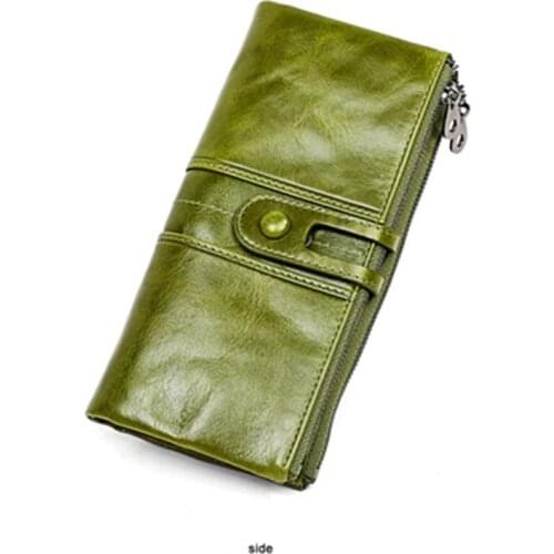 Billetera de cuero genuino con bloqueo RFID para mujer, Cartera de cuero de señora, diseño de marca de lujo, de cuero de cera de