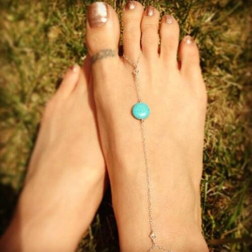 Summer Beach Fashion Simple Green Opal Toe Ring Anklets Bohemia Foot Jewelry For Women Barefoot Sandals Anklet Anklets