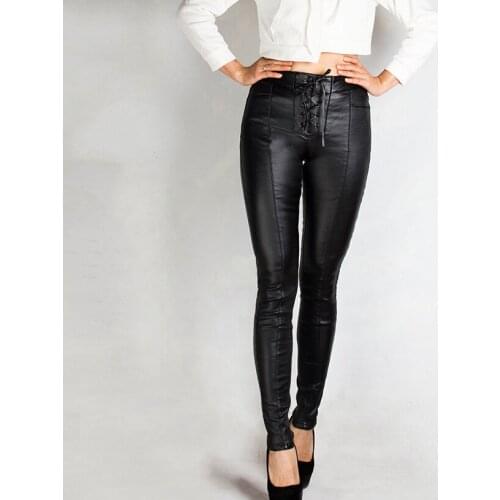 High Waist Pencil Pants Women Leather Jeans Black Velvet Warm PU Stretch Sex Skinny Pants bandage Motor Biker lace up Pants