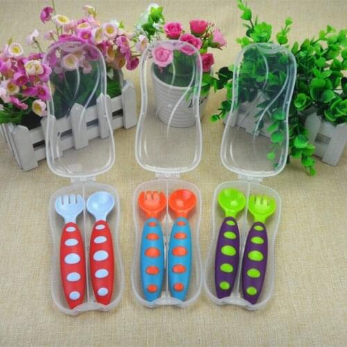 Clear 2 pcs/Set Colorful Safe PP Baby Spoon+ Fork Anti-Skid Handle Learning Tableware Children Dishes with Storage Box