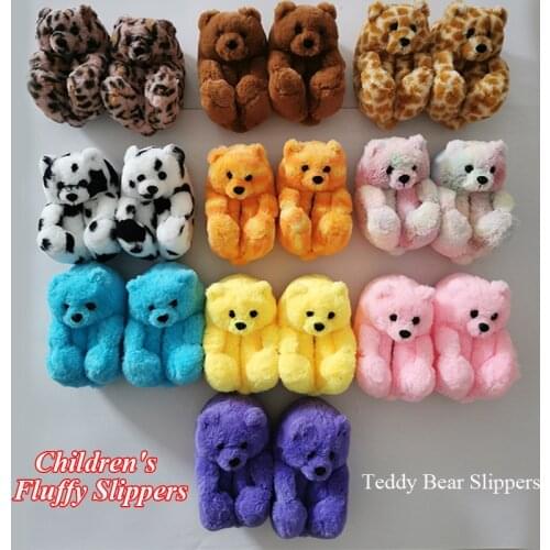 Kids Soft anti-slip Faux Fur Cute Slippers Winter Warm Shoes Cartoon Plush Teddy Bear Slippers Lovely Plush Furry Fur Slides