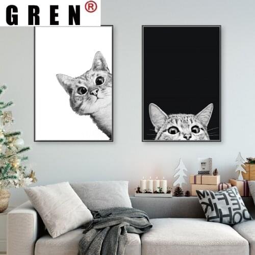 GREN Abstract Canva Painting Poster Print Nordic Style Lovely Black White Cats Sofa Wall Art Picture Home Decor For Living Room