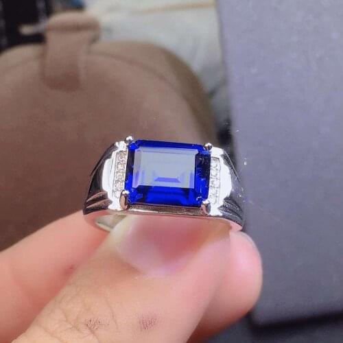 Exquisite royal blue sapphire gemstone ring for men ring natural gem good cut 925 sterling silver birthday gift big size 8x10mm