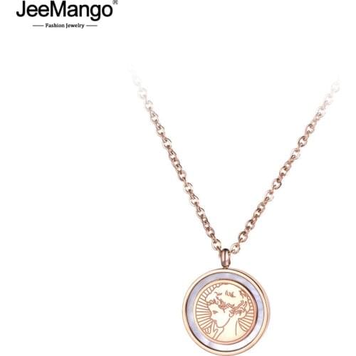 JeeMango Trendy Pretty Girl Charms Pendant Necklace Rose Gold Stainless Steel Shell Neckalce Jewelry For Women Gifts JN19022