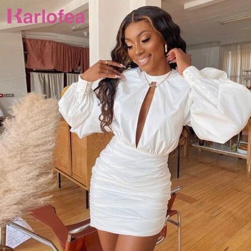 Karlofea Lady 2020 Autumn White Cotton Mini Dresses Sexy Front Cut Out Party Outfits Long Sleeve Ruched Bodycon Vestidos Clothes