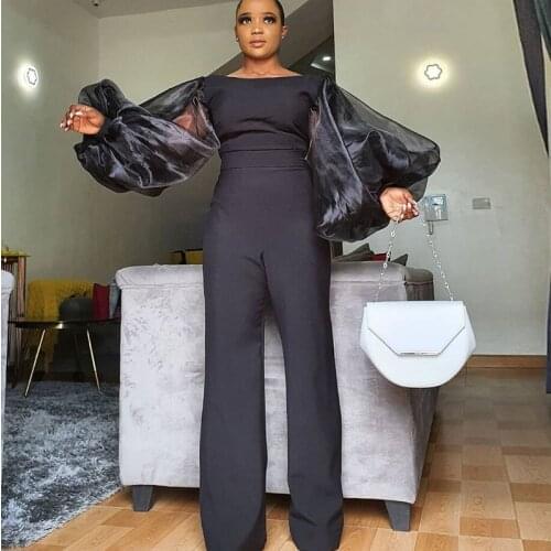 Black Womens Jumpsuit See through Tull Sleeve Straight Pants Sexy High Waist Elegant Trouser Suit Playsuit for evening party