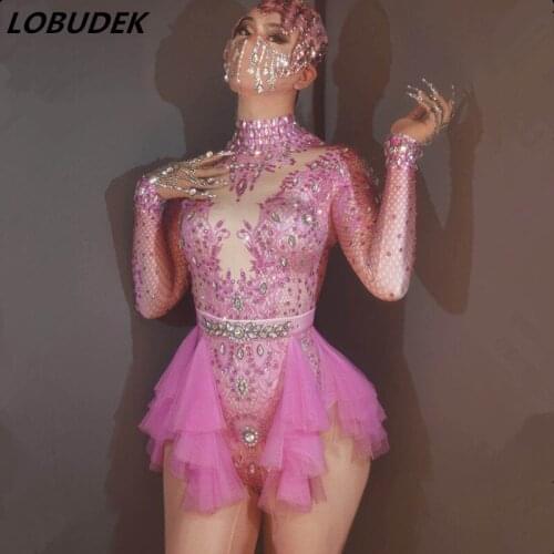 Pink Elastic Printed Rhinestones Skinny Bodysuit Women Dancer Team Sexy Stage Wear DJ Singer Bar Nightclub Pole Dance Bodysuits