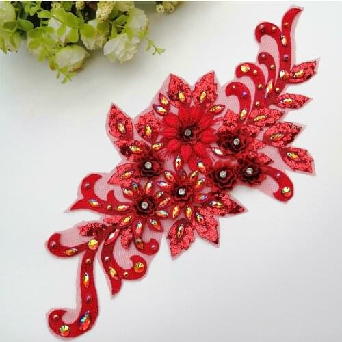 RED 19x38cm Flower Embroidered Sequins Rhinestone Crystal DIY Lace Crafts for Clothes Wedding Dress Patches Designers Applique