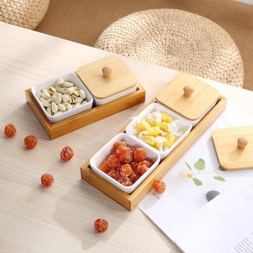 JOYLIVE Multi Grid Snack Plate For Candy Fruit Dessert Creative Ceramic Bamboo Cover Dry Fruit Dessert Tray Home 2021 New