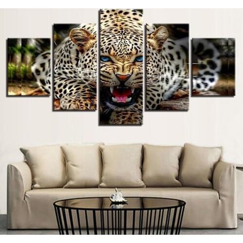 Framed Modular Canvas Pictures Wall Art Home Decor 5 Pieces Ferocious Leopard Paintings HD Prints Animal Poster