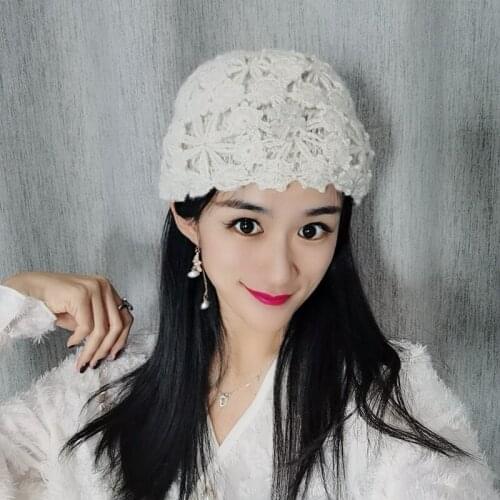 Early spring new baotou cap female fashion knitting lace thin hat han edition hollow out sweet minus age letters