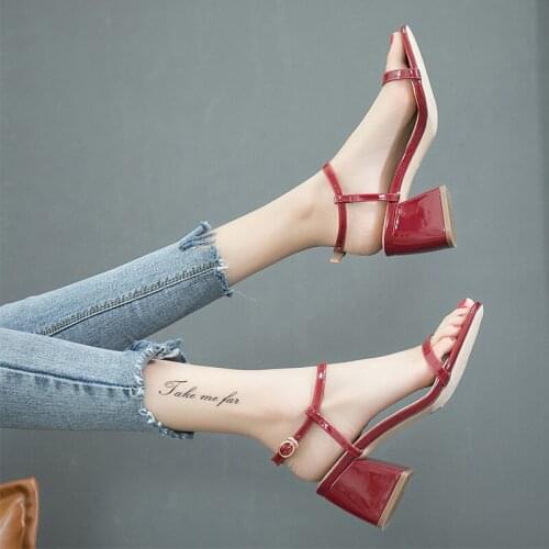 New Thick Heels Sandals Women Buckle Open Toe 6.5cm Mid-Heel Sexy Red Fashion Student Shoes Female summer Sandals For Women