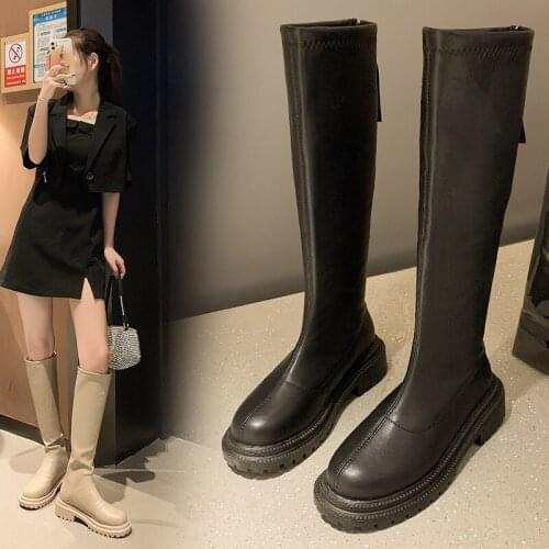 Slim Flat Thigh High Boots Platform Women Slim Thick Sole Knee-High Boots Women Shoes Black Winter Long Motorcycle Boots Women