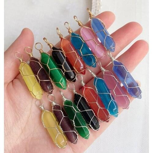 Wire Wrapped Crystal Necklace for Women Wholesale Multicolor Cat Eye Stone Pendulum Pendant Bullet Hexagonal Chakra Pendulo