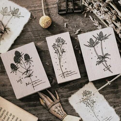 Retro Solid Wood Seals Grass Flower Sketch Wooden Stamps for Letters Diary Hand Account Invitation Card Decor Gift Seal Chop