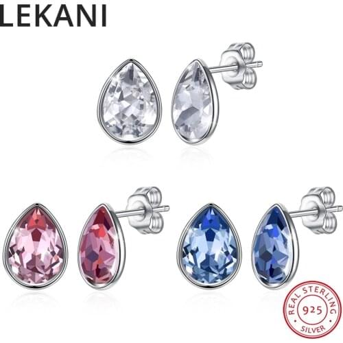 LEKANI Crystals From SWAROVSKI Waterdrop Stud Earrings Simple Fashion Piercing S925 Silver Fine Jewelry For Women Joyas
