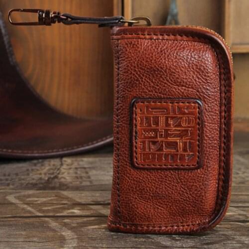 Handmade cowhide retro bag men and women couples trendy zipper key case leather large-capacity coin purse creative gift