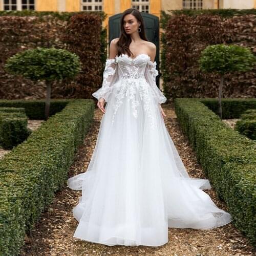 Thinyfull Off Shoulder Wedding Dresses Boho 3D Floral Appliques Illusio Full Puffy Sleeves Beach Wedding Party Gowns Mariage