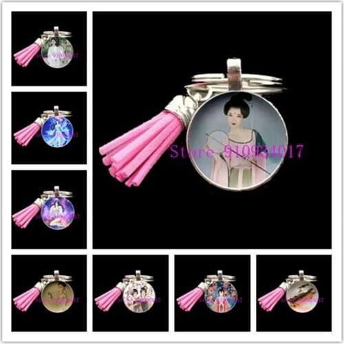 Chinese style ancient costume beauty round glass keychain, tassel decoration keychain, ladies cheongsam round glass keychain