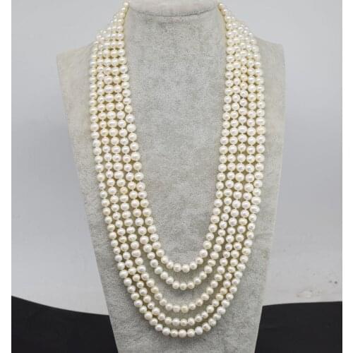 WOW! 5rows freshwater pearl white near round 7-8mm necklace 18-23inch nature wholesale FPPJ