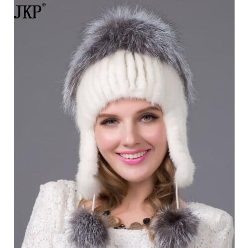 Russia Winter Hats Women Genuine Natural Mink Fur Cap With Silver Fox Fur 2021 Ladys Fashion High-End Female Cap DHY-22