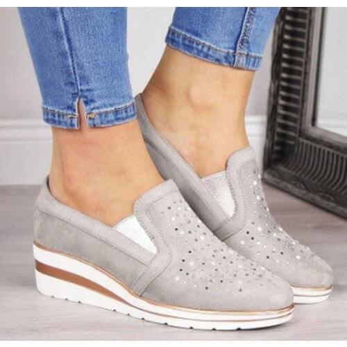 Woman Spring Autumn Loafer Light Weight Platform Casual Shoes Rhinestone Shining Women Shoes Silver Color