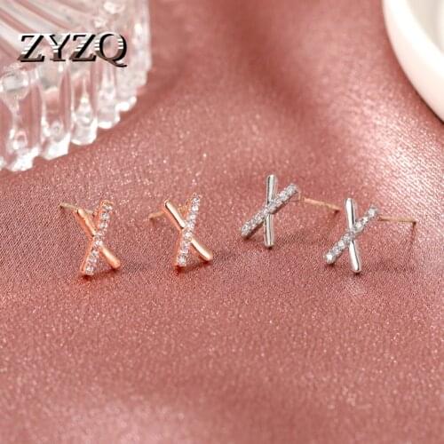 ZYZQ Korean New Cross Earrings For Women Copper Small Crystal Letter X Earrings Minimalist Style Student Earrings