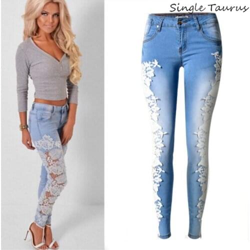 Low Waist Lace Side Stripe Skinny Jeans Women Streetwear Hollow Out Vaqueros Mujer Blue Bleached Push Up Sexy Ladies Jeans 2019