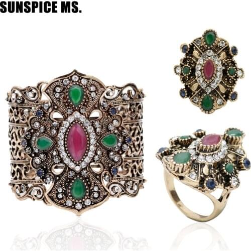 2PCS Turkish Women Bracelet&Ring Jewelry Sets Big Flower Bangle Cuff Antique Gold Color Resin Ring Indian Wedding Ethnic Bijoux