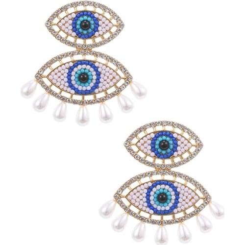 ZHINI Bohemia Crystal Evil Eye Earrings for Women Punk Geometric Imitation Pearls Drop Earring Statement Earring Fashion Jewelry