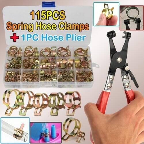 115 PCS Zinc Plated 6-22mm Spring Hose Pipe Air Water Clamps + 1PC Straight Throat Tube Clamp for Band Clamp Metal Fastener Kit