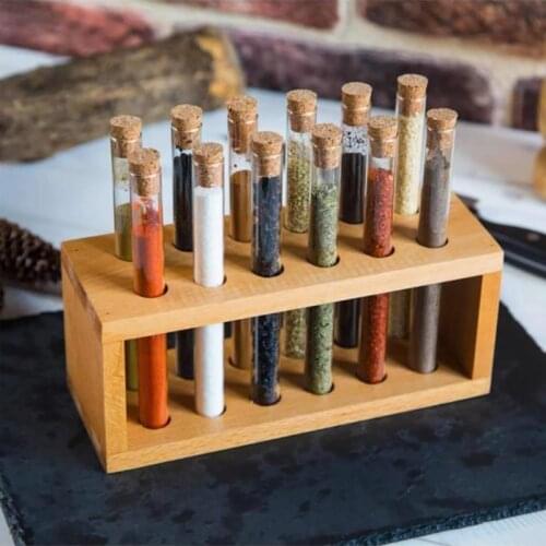 12 Pieces Jar For Spices Glass Transparent Container Wooden Stand Organizer Storage Holder Tube Kitchen Decoration Handmade Set