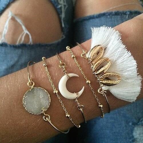 5 Pcs/set Boho Tassel Shell Bangles For Women Natural Crystal Pendant Bangles Multiple Tassel Retro Fashion Moon Pulseira