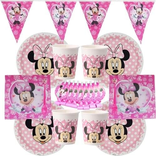89pc-set Minnie Mouse Theme Baby Bath Birthday Party Kids Party Decoration Cup Plate Banner Party Disposable tableware Supplies