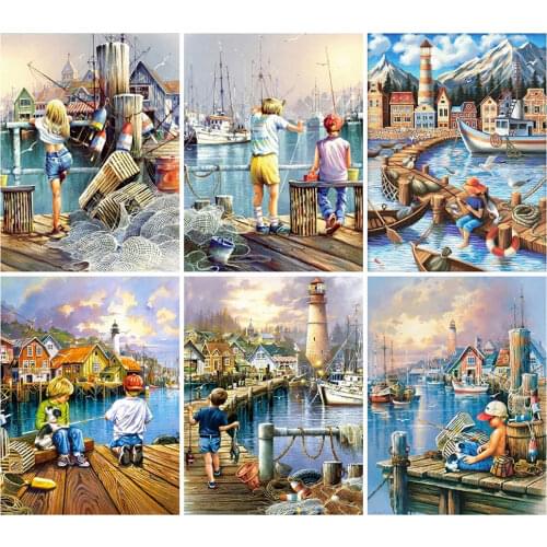 5d DiY Full Diamond Painting Mosaic Fishing Port Landscape Needlework Diamond Embroidery Cross Stitch Set Home Wall Decoration