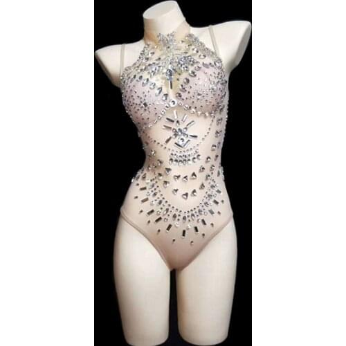 Sparkly Rhinestones Perspective Sleeveless Bodysuit See-through Mesh Halter Catsuit Nightclub Female DJ Singer DS Stage Costume