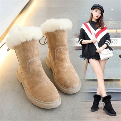 2021 Fashion Ladies Flock Ankle Boots Winter Warm Snow Boots for Women Shoes Flat Cross-Tied Plush Bottines Black Mujer Botas