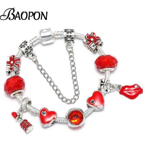 Silver Color Romantic Lipstick & Lips Boy & Girls Beads Charms Bracelets For Women Lover Wife Valentines Day Gift Special Offer