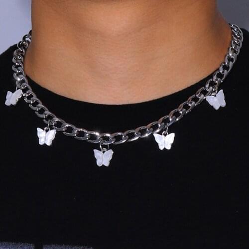 Stonefans Hip Hop Jewelry Titanium Cuban Necklace for Women Men Stainless Steel Chain Acrylic Butterfly Pendant Necklace Choker