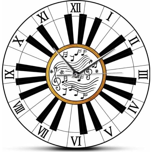 Black And White Piano Keyboard Roman Numerals Wall Clock Musical Notes Artwork Silent Non Ticking Wall Watch For Music Studio