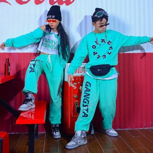 Boys Hip-Hop Dance Costumes For Kids Mint Green Sportswear Children’S Jazz Dance Costumes Girls Street Dance Rave Wear DQS6178