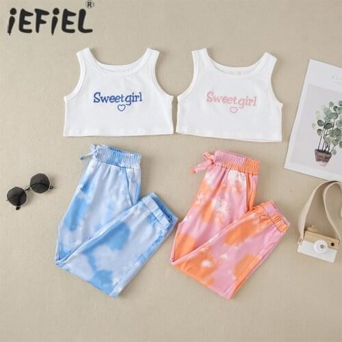 1-6Y Kid Girl Clothes Set Letter Print Tank Crop Tops+Tie Dye Print Pants Children Clothing Summer Baby Kid Tracksuits Sport Set