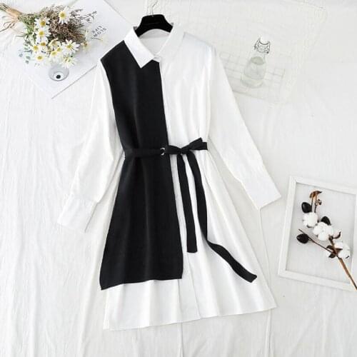 Knitted Patchwork Women Dress 2021New Spring Vintage Solid A-Line Shirt Dresses Party Vestido Single-breasted Long Sleeve Dress