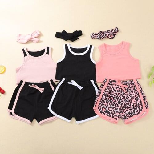 FOCUSNORM 1-5Y Summer Causal Kids Girls Clothes Sets Solid Sleeveless Vest Leopard Shorts Headband 3 Colors