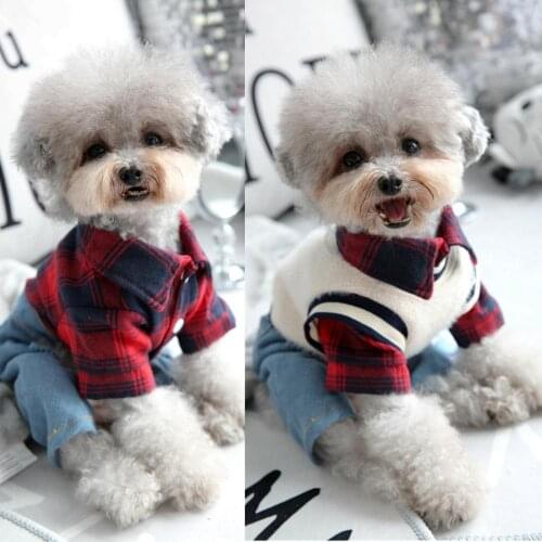 Plaid Shirt With Denim Pants Vest Overall For Dog Autumn Winter Pet Fashion Clothes Set For Small Medium Animal Chihuahua Yorkie