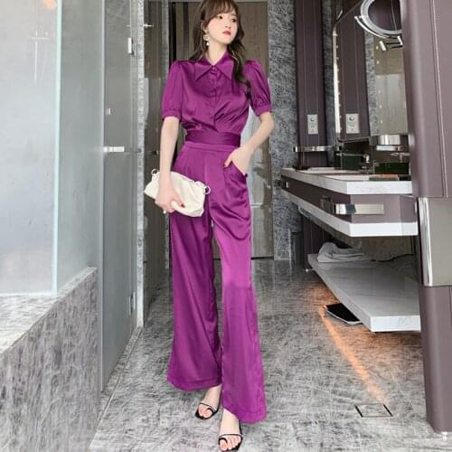 New arrival fashion korean satin women summer OL temperament elegant navel short shirt and wide-leg split pants two piece set