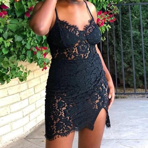Lace Patchwork Ladies Sexy Split Dresses V Neck See Through Floral Backless High Waist Hollow Out Fashion Nightclub Clothing New