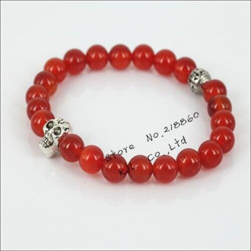 1pcs fashion cavemous skull head men beads bracelet with a silver-color bead natural red stone stone bead charm women bracelet